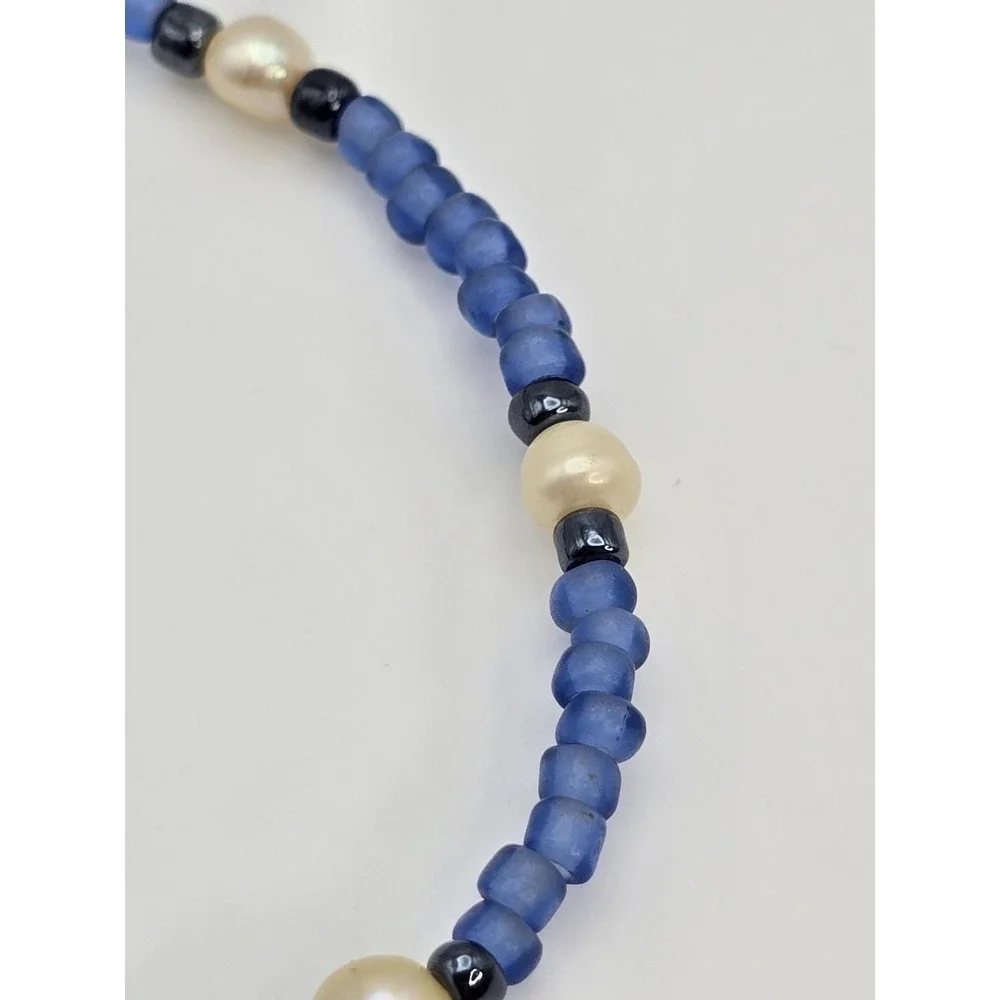 Vtg GENUINE Freshwater Pearl & Blue Frosted Seed Bead Anklet FREE $HIPPING!!